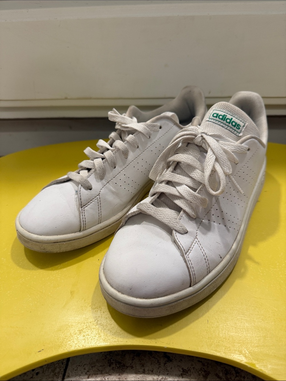 adidas Women's White Leather Low-Top Sneakers with Green Logo